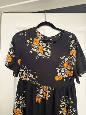 Zara Black Midi Dress with Orange & Cream Floral Print